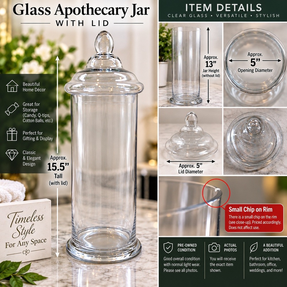 Clear Glass Apothecary Jar with Lid 15.5 Inch Tall Decorative Storage Canister